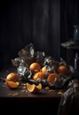 Peeled oranges on old wood table in a dark room, ai artwork