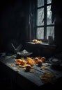 Peeled oranges on old wood table in a dark room, ai artwork