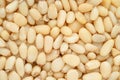 Peeled pine nuts background or texture. Close up, top view. Royalty Free Stock Photo