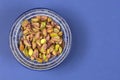 Peeled roasted unsalted pistachio kernels in a blue bowl Royalty Free Stock Photo