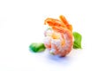 Peeled shrimp with basil close-up on a white background Royalty Free Stock Photo