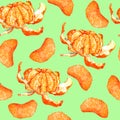 Peeled tangerines and section slices on soft green background