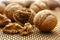 Peeled walnut closeup. Group of walnuts a bamboo napkin Royalty Free Stock Photo