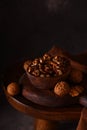 peeled walnuts in a wooden bowl