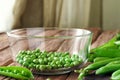 Peeled young peas in a glass bowl
