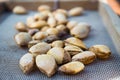 Peeling fresh almonds on an outdoor table in a sunny summer day. Home grown bio  food, farm life, country life Royalty Free Stock Photo