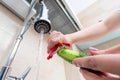 Peeling a fresh cucumber under running water in the kitchen for cooking preparation. Royalty Free Stock Photo