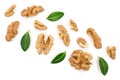 Peelled Walnuts with leaves isolated on white background with copy space for your text. Top view. Flat lay