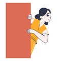 Peeping curious woman. Observing, spying, searching female person secretly looking out from red rectangle flat vector illustration