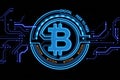 Peer to peer and crypto currency concept with front view on digital blue bitcoin icon with circuit on dark background. 3D Royalty Free Stock Photo