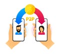 Peer to peer trading. P2P lending. Cryptocurrency. Virtual transaction between two users. Modern style. Vector Royalty Free Stock Photo