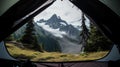 Looking out onto mountain view from inside camping tent