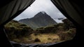 Looking out onto mountain view from inside camping tent