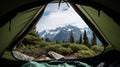 Looking out onto mountain view from inside camping tent