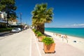 Pefkohori, Greece - May 16, 2016: Embankment, promenade and sandy beach of town Pefkohori Royalty Free Stock Photo