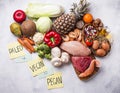 Pegan diet. Paleo and vegan products