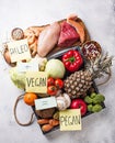 Pegan diet. Paleo and vegan products Royalty Free Stock Photo