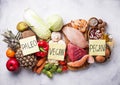 Pegan diet. Paleo and vegan products Royalty Free Stock Photo