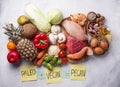 Pegan diet. Paleo and vegan products