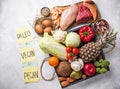 Pegan diet. Paleo and vegan products Royalty Free Stock Photo