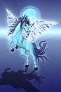 a Pegasus in blue in front of a bright full moon