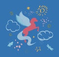 Pegasus with clouds, butterfly, dragonfly and sun on a blue background. Mythological creature fly in air.