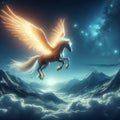 Pegasus Flight A winged horse flying over a mountain range with Royalty Free Stock Photo