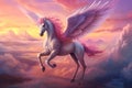 Pegasus. Flying horse with pink wings in the clouds Royalty Free Stock Photo