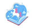 Pegasus flying out of open book with clouds and stars, mythical horse with wings, fantasy concept. Imagination and fairy