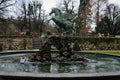 Pegasus fountain sculpture in Mirabell palace, Famous Mirabell gardens, winged horse statue perched on a small pond stone, was