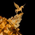 Pegasus on gold cube mountain . start up, illustration concept of leader on a market.