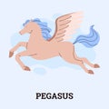 Pegasus mystery fictional creature of Greek mythology, flat vector isolated.