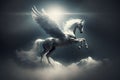 pegasus, a mythological animal, a horse with wings, gallops against the sky, generative ai