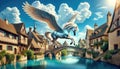 Pegasus Over Medieval Village