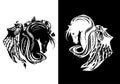 pegasus winged horse with long mane and rose flowers black and white vector head Royalty Free Stock Photo