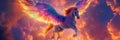 Pegasus with wings that display a vibrant rainbow, soaring through a sky painted with pastel clouds. Royalty Free Stock Photo