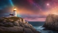 Peggy`s Cove Lighthouse inside a nebula surrounded by rainbow sky and stars