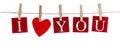 Pegs and I LOVE YOU words on rope Royalty Free Stock Photo