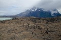 Pehoe lake, Cordillera Paine and burned area in the Torres del Paine National Park by the great fire in 2011-2012. Royalty Free Stock Photo