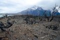 Pehoe lake, Cordillera Paine and burned area in the Torres del Paine National Park by the great fire in 2011-2012. Royalty Free Stock Photo