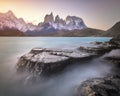 Pehoe Lake and Cuernos Peaks in the Evening, Torres del Paine National Park, Chile Royalty Free Stock Photo