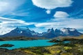 Pehoe lake and Guernos mountains beautiful landscape, national park Torres del Paine, Patagonia, Chile in South America Royalty Free Stock Photo