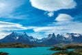 Pehoe lake and Guernos mountains beautiful landscape, national park Torres del Paine, Patagonia, Chile in South America Royalty Free Stock Photo
