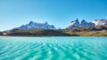 Pehoe Lake and Los Cuernos, Chile. Royalty Free Stock Photo