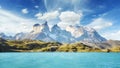Pehoe Lake and Los Cuernos, Chile. Royalty Free Stock Photo