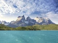 Pehoe mountain lake and Los Cuernos. Royalty Free Stock Photo