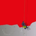 Red background with a house painter repainting a concrete wall.