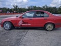 Pekanbaru, Indonesia - 05-28-2023: BMW E36 in Red, getting ready for Drive racing. BMW E36 on the parking lot. Editorial photo.