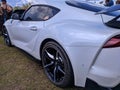 Pekanbaru, Indonesia - 05-28-2023: White Toyota GR Supra showed off at the Pekanbaru Indonesia