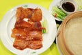 Peking Duck - Chinese roast duck served with cucumber, spring onion and hoisin sauce, wrapped in pancakes Royalty Free Stock Photo